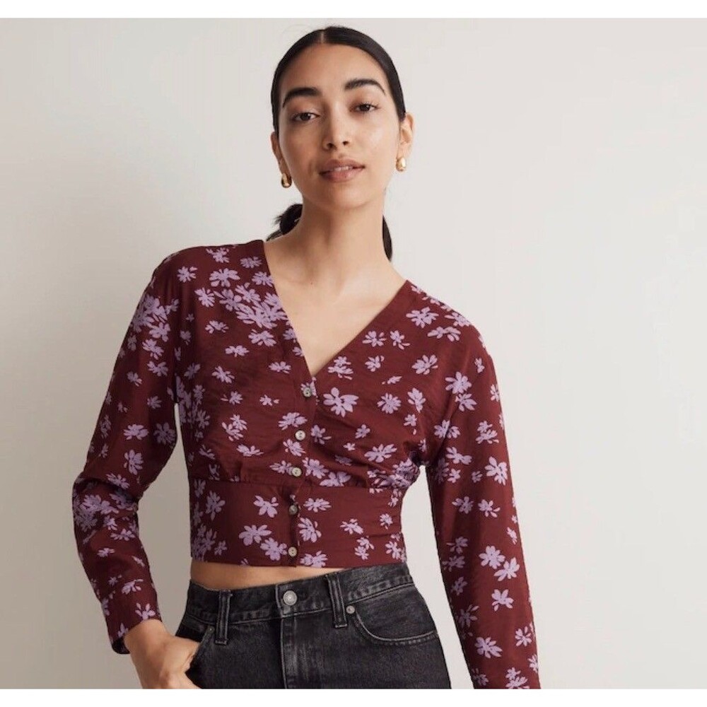 Madewell Cabernet Floral Button Front Crop Top V Neck Large Ecovero Blouse Boho